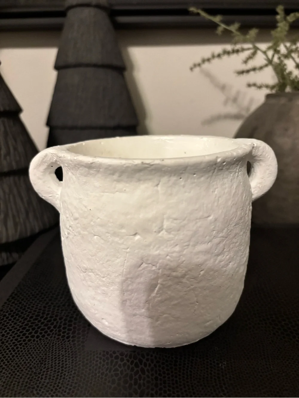 White Handmade Textured Ceramic Pot with Handles-Small